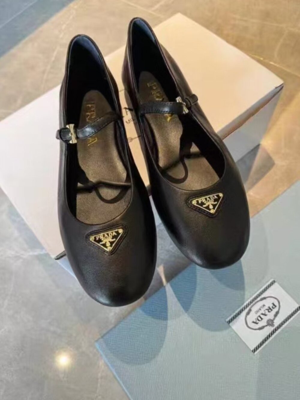 Prada Black Leather Mary‑Jane Ballet Flat Shoes